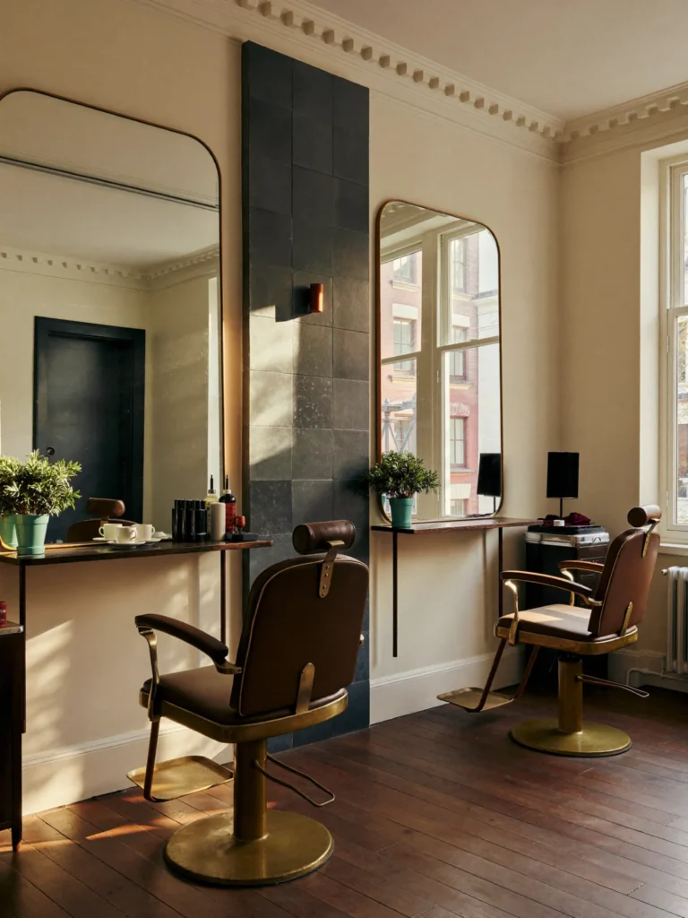 Het interieur van de salon: twee klassieke kappersstoelen, gebogen spiegels en ochtendlicht